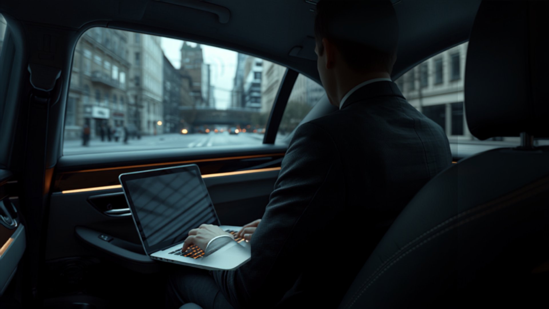 Executive working in the rear cabin of a chauffeur-driven vehicle — Meter to Miles corporate transportation Indianapolis